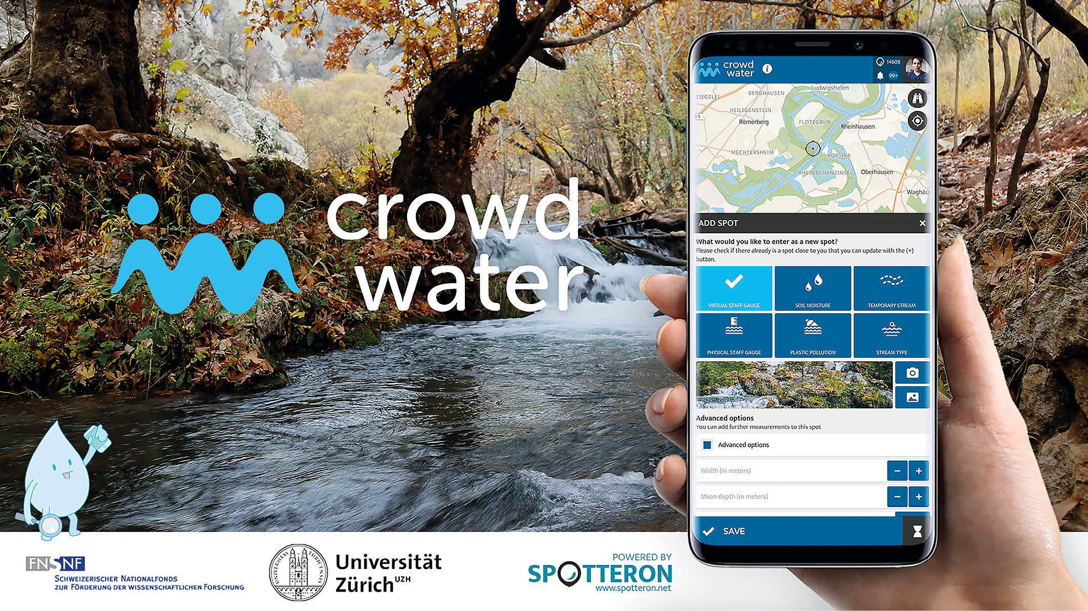 Streambed and mobile phone with the CrowdWater app
