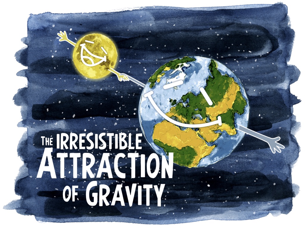 Logo von der AGORA Projekt "the irresistible attraction of gravity". Die Erde und der Mond drehen sich lächelnd im Kreis.