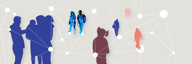 Digital Society Initiative Banner showing the silhouette of different people that are connected with white lines and dots