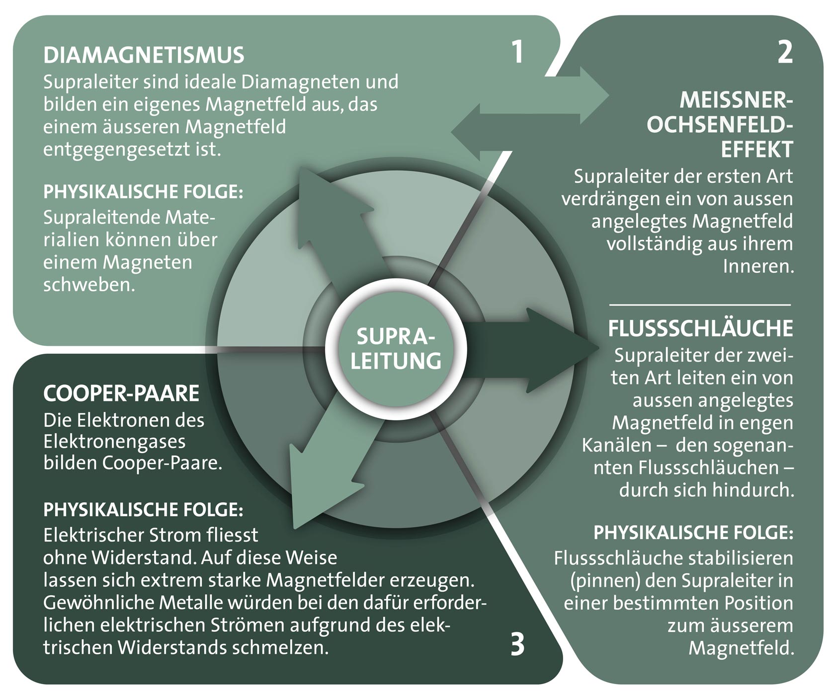 1) Diamagnetismus: Supraleiter sind ideale Diamagneten und bilden ein eigenes Magnetfeld aus, das einem äusseren Magnetfeld entgegengesetzt ist. Physikalische Folge: Supraleitende Materialien können über einem Magneten schweben. 2) Meissner-Ochsenfeld-Effekt: Supraleiter der ersten Art verdrängen ein von aussen angelegtes Magnetfeld vollständig aus ihrem Inneren. Flussschläuche: Supraleiter der zweiten Art leiten ein von aussen angelegtes Magnetfeld in engen Kanälen - den sogenannten Flussschläuchen - durch sich hindurch. Physikalische Folge: Flussschläuche stabilisieren (pinnen) den Supraleiter in einer bestimmten Position zum äusserem Magnetfeld. 3) Cooper-Paare: die Elektronen des Elektronengases bilden Cooper-Paare. Physikalische Folge: Elektrischer Strom fliesst ohne Widerstand. Auf diese Weise lassen sich extrem starke Magnetfelder erzeugen. Gewöhnliche Metalle würden bei den dafür erforderlichen elektrischen Strömen aufgrund des elektrischen Widerstands schmelzen.