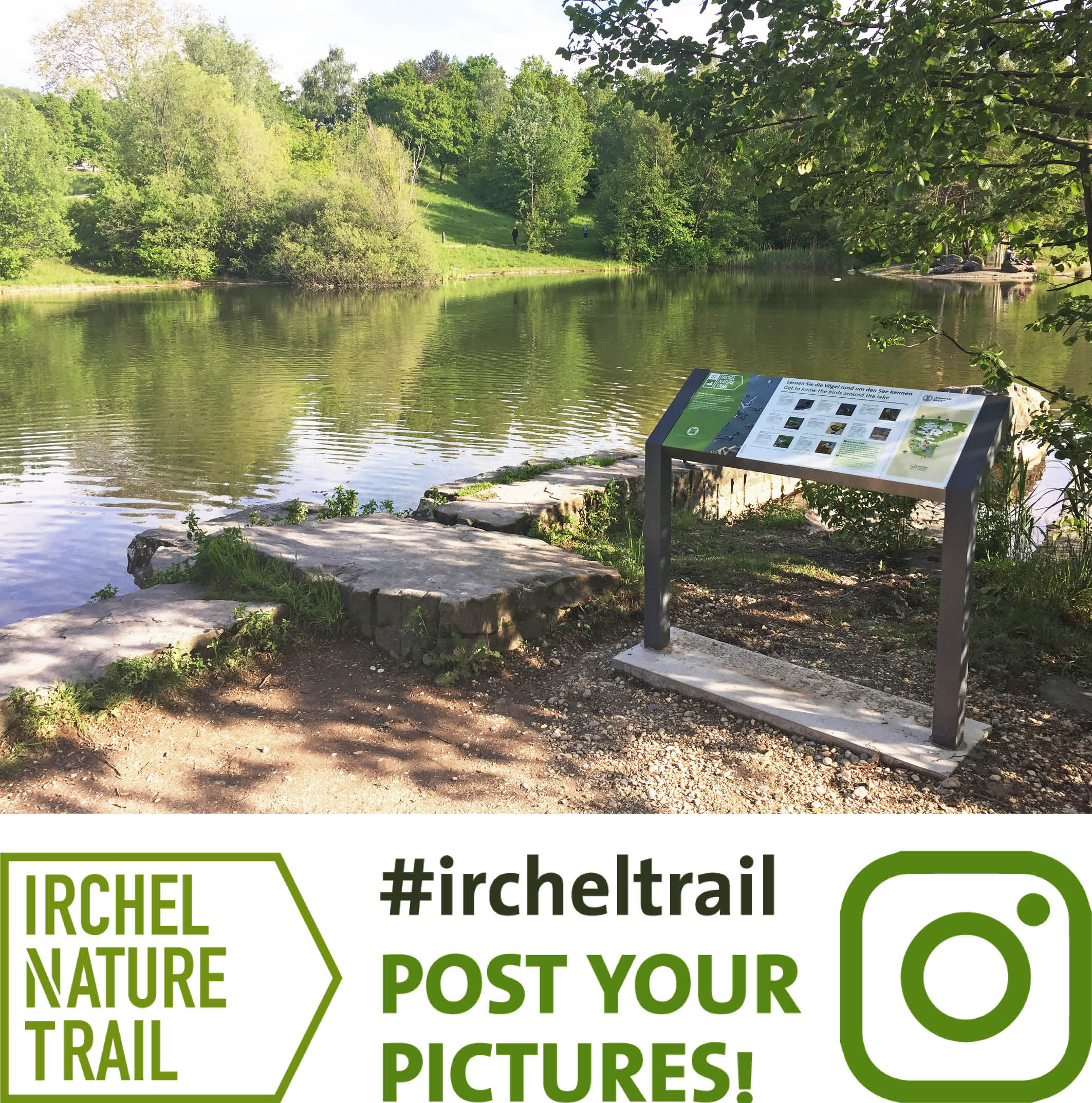 Picture shows an Irchel Nature Park Trail explanation board with the Irchel Park lake in the background. Use  hashtag irchel trail to post your pictures on social media!