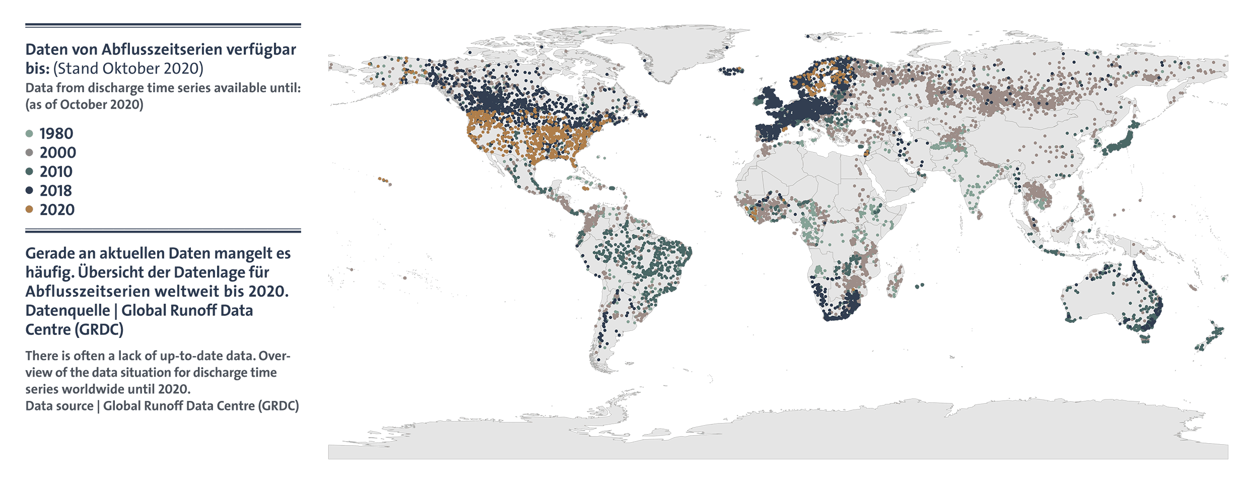 Weltkarte mit Datenpunkte von Abflusszeitserien von 1980 bis 2020 (Stand Oktober 2020)